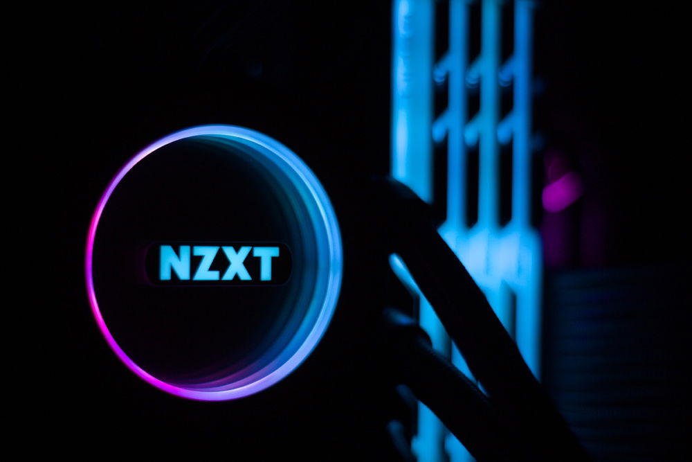 Lights on in a dark room, showcasing the AIO and RAM