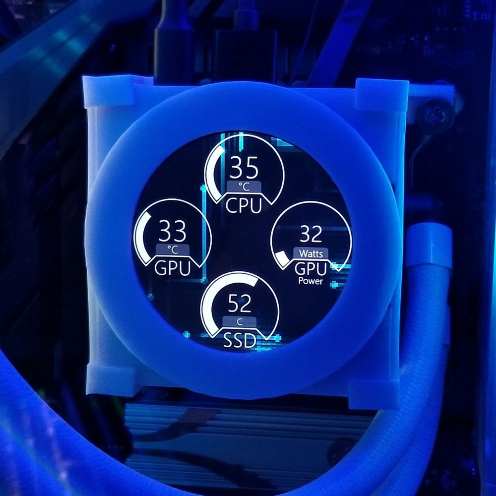 Custom Screen that sits on top of the AIO. HDMI input. It can play videos.