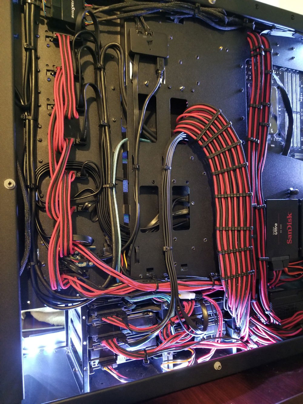 I really wish I would have had the money to get some custom cables from cablemod. I went with bitfenix stock replacements for my psu,  not the greatest choice, but they were in stock and the colors I was looking for. I also had a different chassis at the time of purchase.