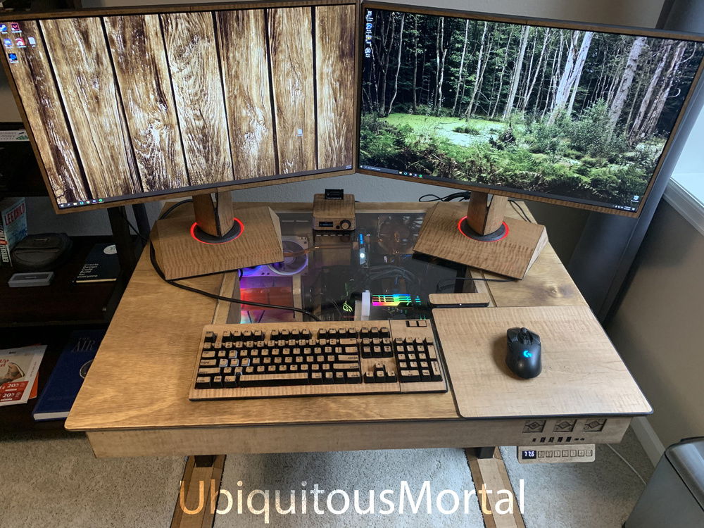 Completed View: Updated 3/13/21 New Wood and Acrylic top

The desk started as aluminum Lian Li DK 04. OC'd temps are around 45C after all day gaming and streaming :D