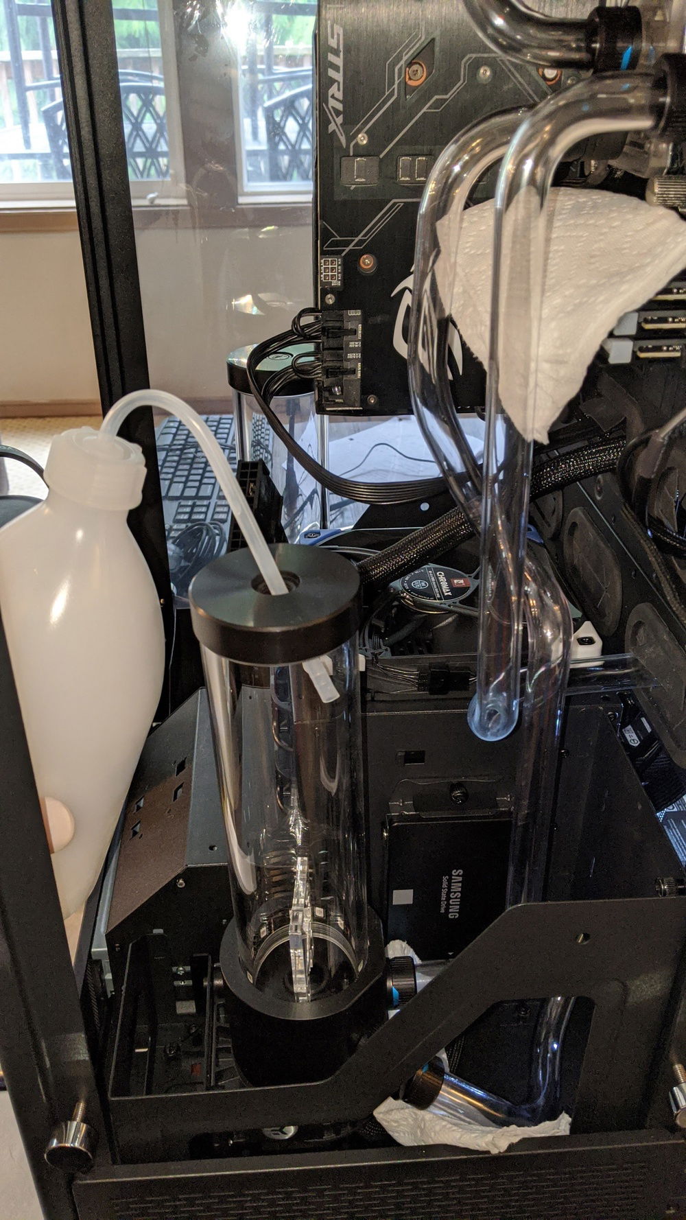 Adding the translucent white coolant.