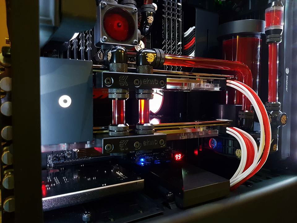 Intel X99 5630x
GPU: 1080
Cooling Block: EKWB Pump, Res, CPU and GPU block.
Rad: Bitspower 240 + 120
Fittings: Bitspower
Ram: 32Gb
SSD: Samsung PCIe M.2 500Gb x 2
Case: Razer NZXT™ S340 – Designed by Razer™