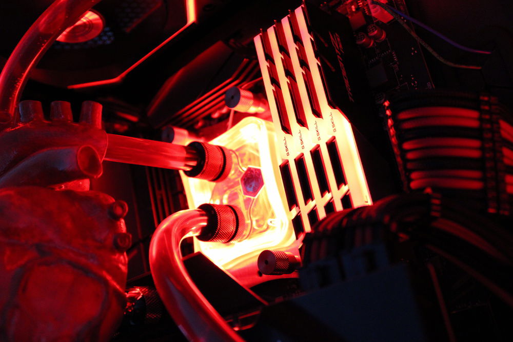 Close up of our G.SKILL TridentZ RGB Series (4x8gb) 3600 memory and the Bitspower Summit M CPU Block. Both of these are set to a static red for the RGB.