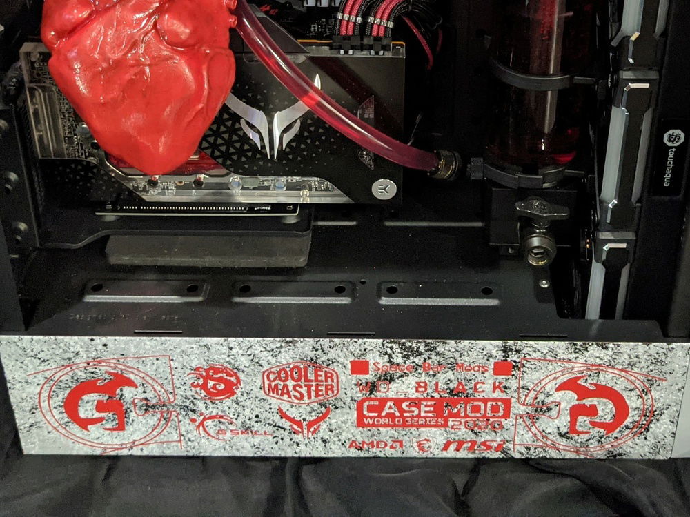 Close up of our other side panel which features the blood channels where the 3 place their hands to summon Lilith in the D4 cinematic. It also features the logos for those components in  the build.