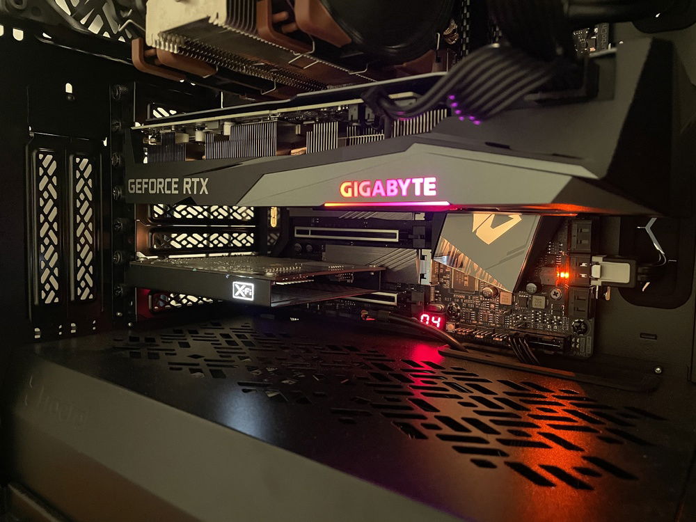 A close up of the GPU and the lower section of my build.