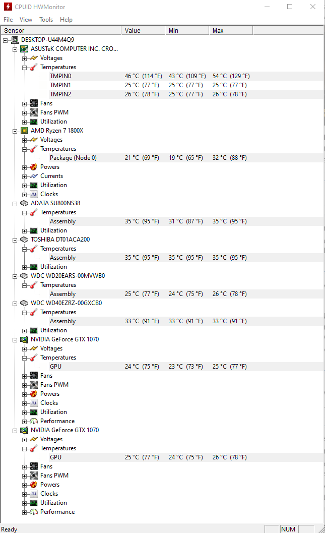 I haven't seen a lot of folks doing this but yeah, here s a temps snapshot after the water cooling.
I love to see that the hard drives are now actually hotter than the cards.

This is on Idle, with standard fan curves and pump PWM (all at 20%)