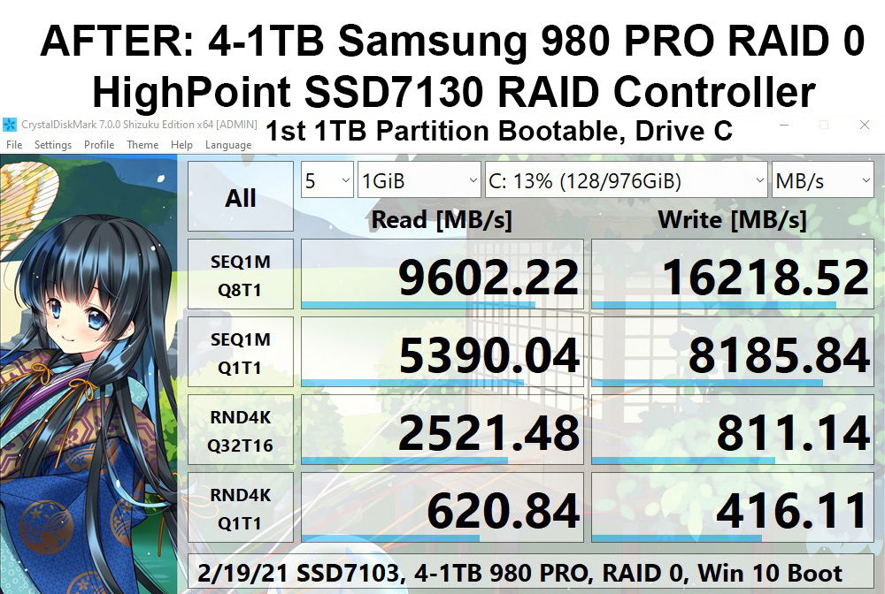 4-1TB Samsung 980 PRO in HighPoint SSD7103 RAID Controller.  1st 1TB partition bootable, Drive C.  (ASUS ROG Rampage VI Extreme Encore supports only PCIe 3.0)