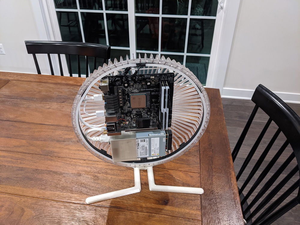 Early prototype: Motherboard and PSU mounted.  Discovered the PSU I was using had failed and I had to order a new one.