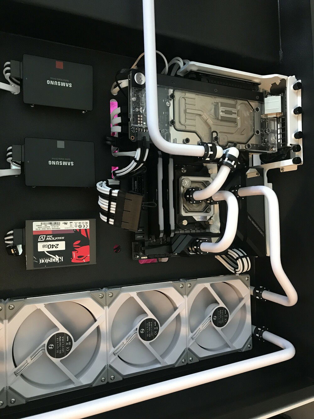 SSD's drives installed, Last 2 tubes bent and installed. ready for water and the long, anxious day of staring watching for water leaks. *note: the 240 GB SSD is a place holder until I can get another higher capacity to put in its place.