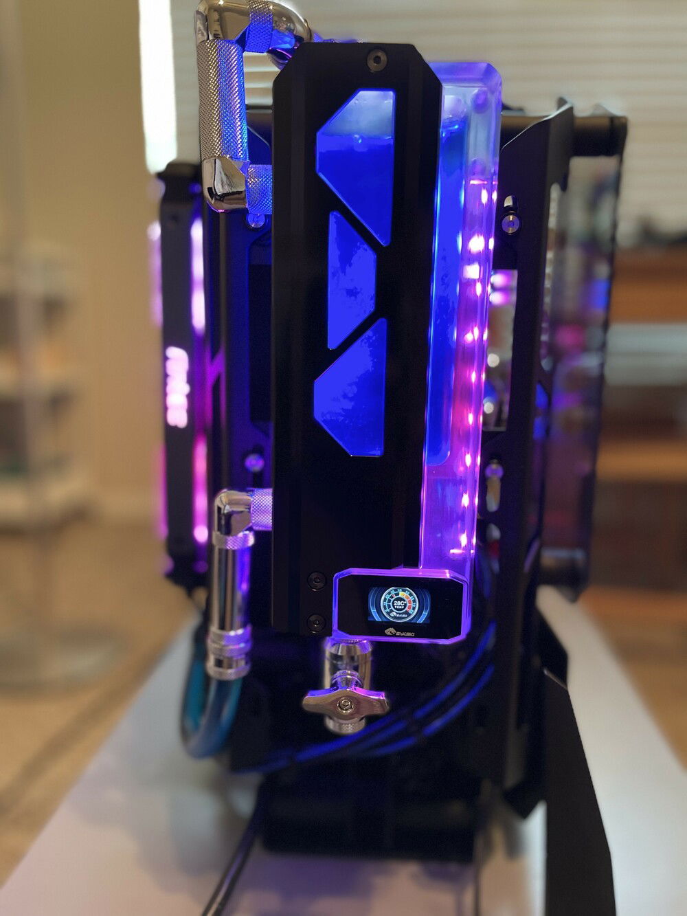 Bykski reservoir is it came with a coolant temp reader, and the drain-off port is installed with a switch at the bottom. All fitting are from Bykski.