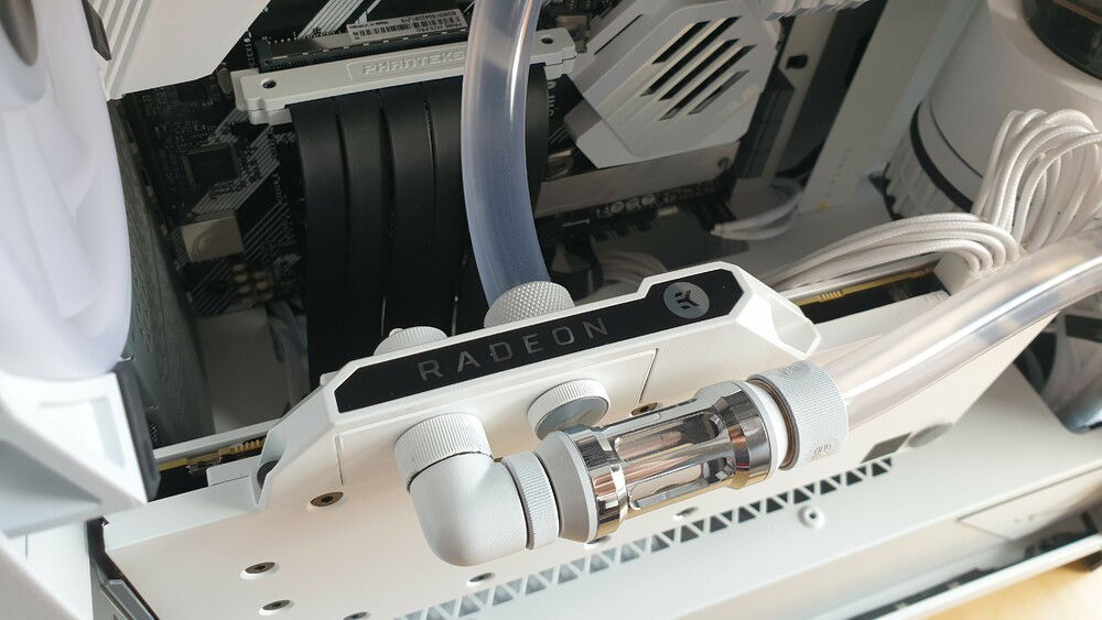 Downward shot showing the top of the GPU waterblock and motherboard connectors.