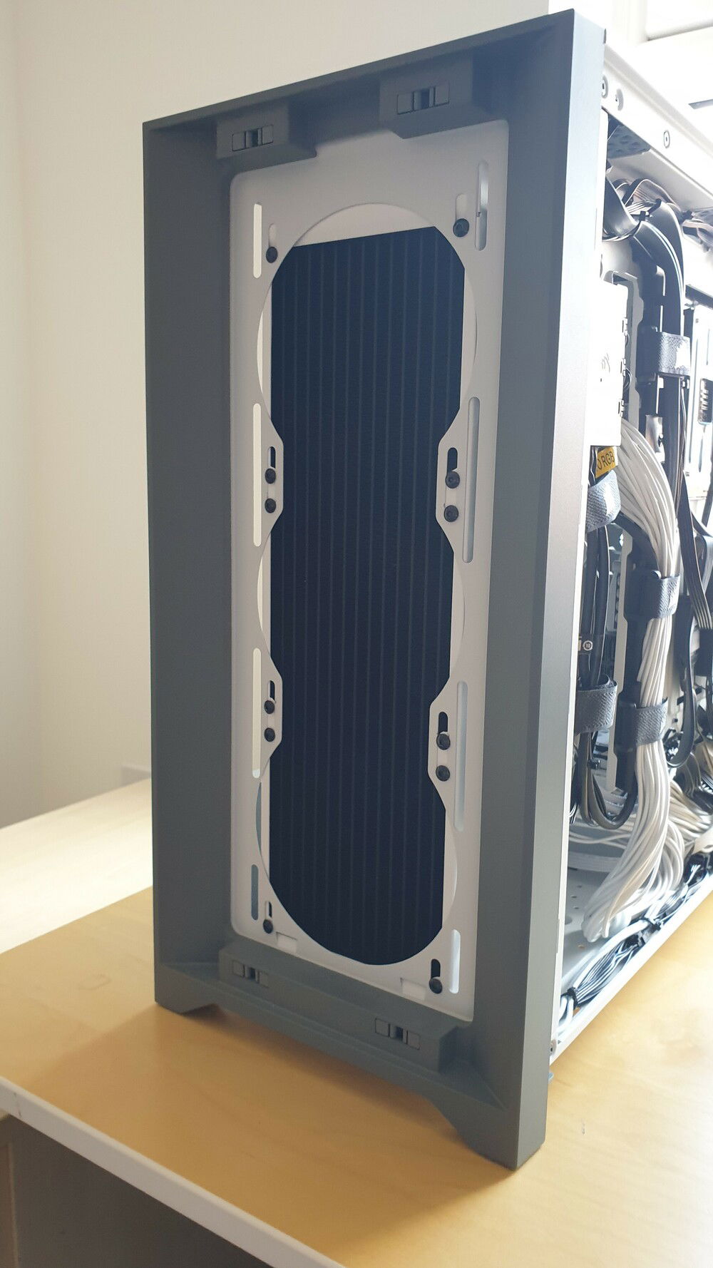 Front view with cover & filter removed, showing the painted EK Coolstream SE 360 radiator.