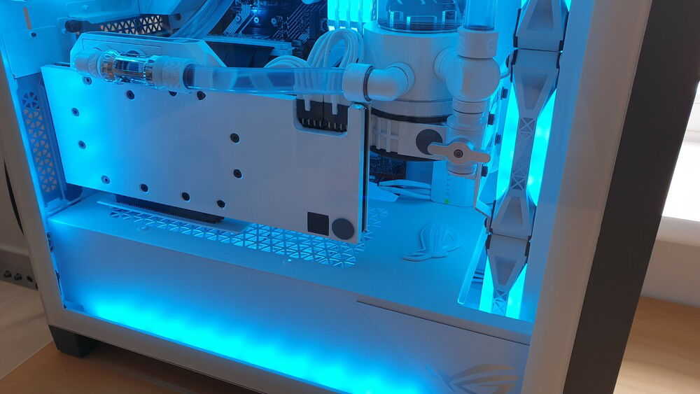 Close-up of GPU waterblock powered on.