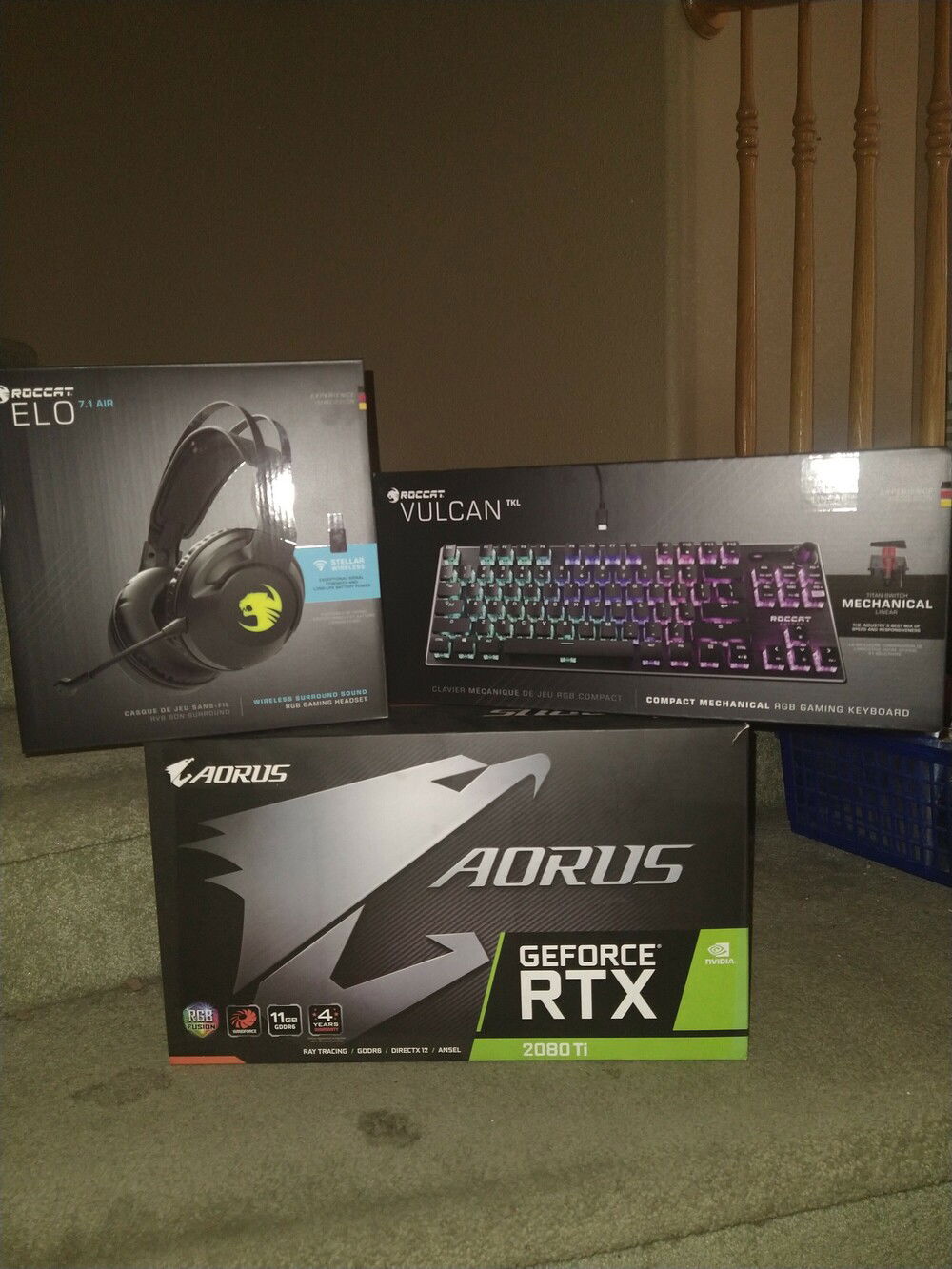 I patiently waited to replace the Gigabyte 2070 Super and turn it in for an Aorus 2080 Ti Windforce!! I Vertical Mounted it!! It is Beautiful. THIS IS THE BEST LOOKING GRAPHICS CARD EVER MADE. Period.... and Of course my off Brand love Roccat a clever German company that make great products : ) Pronounced (Rocket)