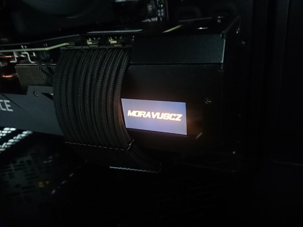 CableMod cable for the GPU power delivery
Also put my nickname on the GPU's display... Although it's for nothing, really, the case is under my desk and doesn't have glass panel so nobody's gonna see it anyway... Except for me when cleaning or checking something...
Might get a glass panel... will think about it...