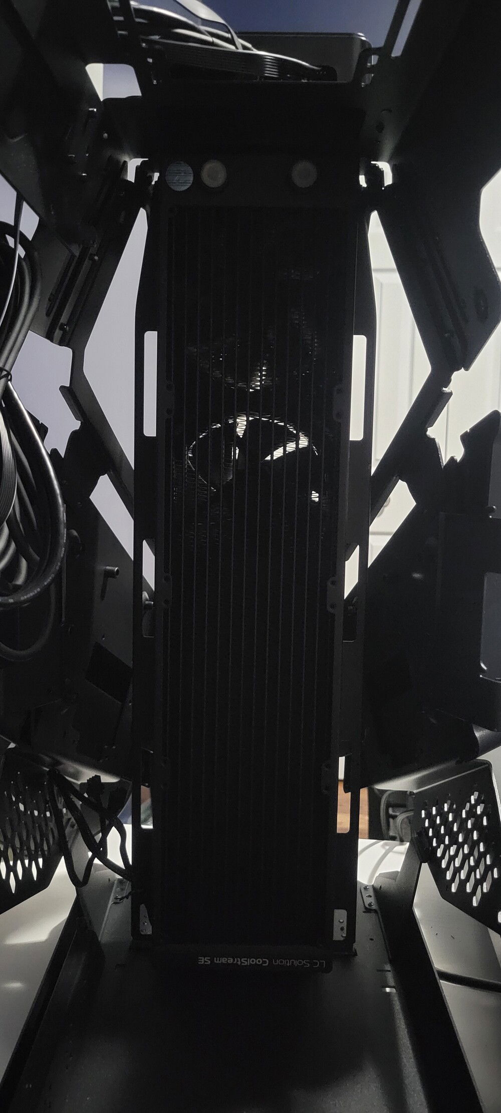 Interior view after I realized I had the fittings at the bottom of the rad and rotated it.