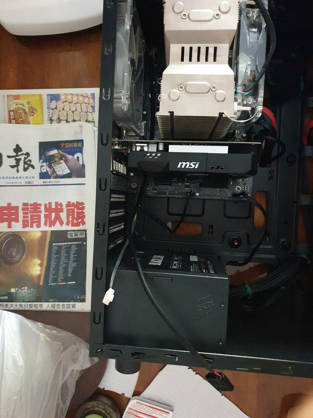 Welp, that's a tight fit :v Really tight that I have to use the chopstick to operate it (Yes, I know how to use the chopstick as well, and no, my hand won't fit into that gap even with the rear fan removed)

In case you're wondering, I'm attempting to modify the front fan (which is using 4-Pin Molex) and combined the rear fan (so both would run at "low rpm" speed)
And yes, I've set my motherboard's fan operation mode to voltage instead of PWM, and fan detection disabled