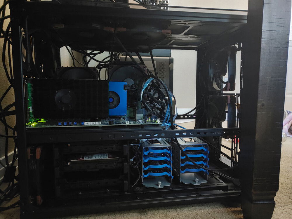 Dual Epyc Server - Glass side panel removed - No Neon, No Plumbing - but a Mighty Mighty Host!