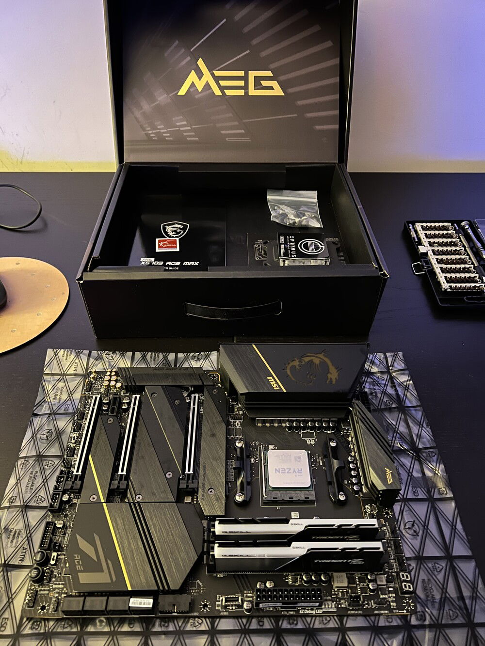 Motherboard has arrived, CPU, M2_1 SSD and RAM installed. Next step is mounting the CPU waterblock and then putting the board into the case shown last week.