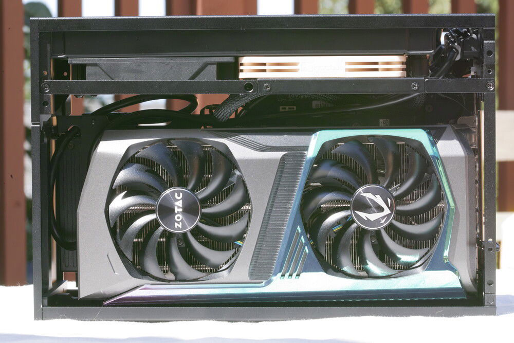 original GPU with stock cooler - it did OK, but at the expense of pumping its heat into the AIO radiator. Also! I hated the way this thing looked -the angles of the shroud made it look like it was always sagging down and out of the pcie slot - Also it was pretty heavy and did in fact sag a bit.