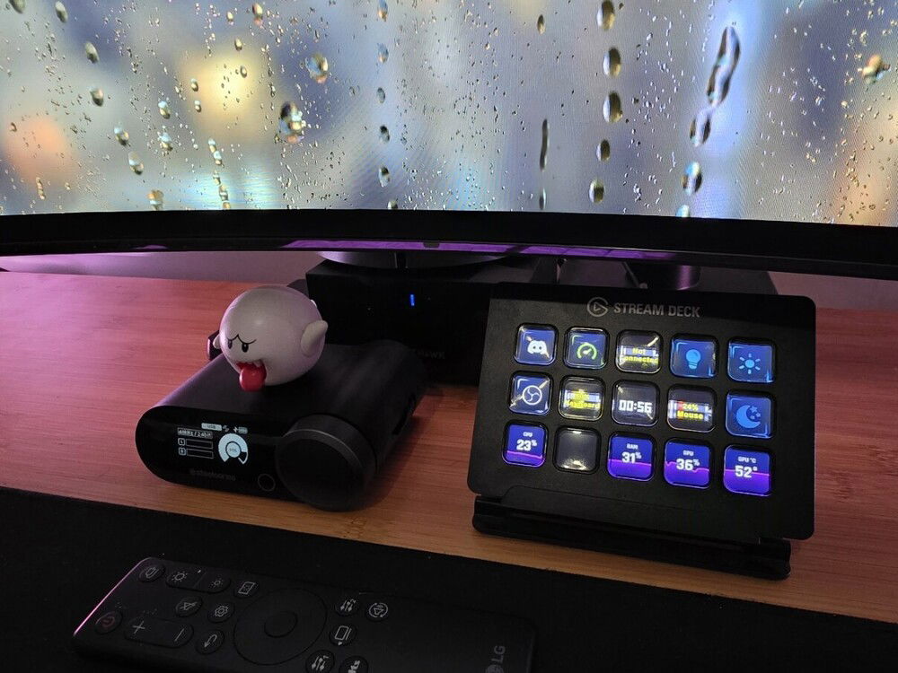 Stream Deck for PC monitoring, as well as other stuff like showing battery levels, controlling my smart lights, OBS, and Discord soundboards for trolling my server. The convenience of this thing while gaming is insane - no need to tab out of a game to do anything. 

I have a button to set all the lights in my house to green, so that delivery drivers can find my place easier.

The software isn't phenomenal by any stretch, but once it's set up you can save your layouts so there's less mucking around later on.

Plus it's a clock. 9/10.

Boo is there to cheer me on while constantly miss life-or-death jumps in Destiny.