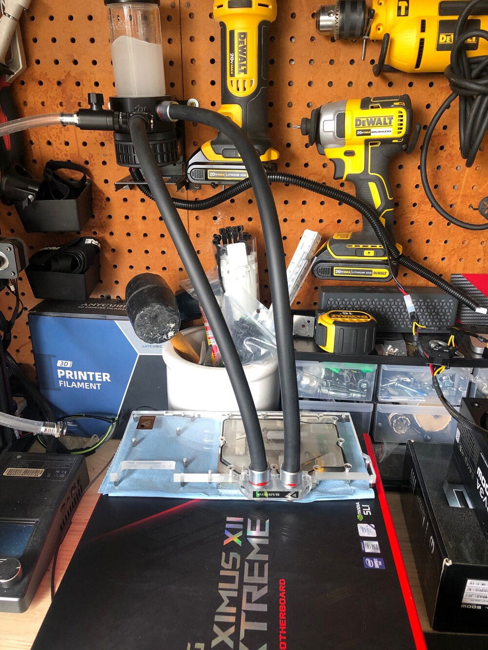 Leak testing the block before assembly.