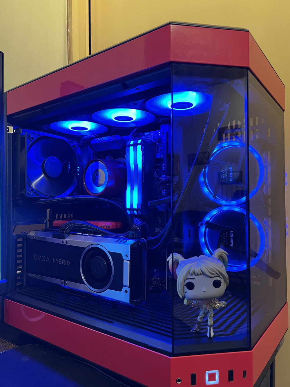 Upgrades!... I finally got round to upgrading my girlfriends PC. Previous build was Asus ROG Strix B350-F Gaming, Ryzen 5 3600X, Deepcool Gammaxx 400 v2, 16GB 3200c16 Corsair Vengeance RGB Pro, Sapphire Pulse RX 5600 XT, OCZ ZS Series 750w in the Hyte Y60 with an AOC Gaming G2590VXQ (75Hz TN)


New build is Asus ROG Strix B550-F Gaming Wifi II, Ryzen 9 5900X, Deepcool Castle 360RGB, 32GB 3200c16 Corsair Vengeance RGB Pro, EVGA GTX 1080 Hybrid, AeroCool Integrator Gold PCIE 5 850W in the Hyte Y60 with an Acer Predator XB271HU (Bmiprz) (165Hz OC IPS)

I will change those cheap UpHere fans and that GPU AIO fan soon too.