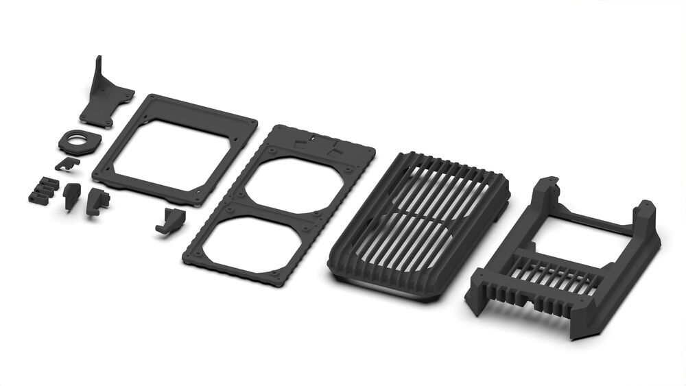 Render of all the 3D printed parts. Top panel, bottom panel, and rear radiator shroud had to be printed in two pieces to fit on my Ender 3.