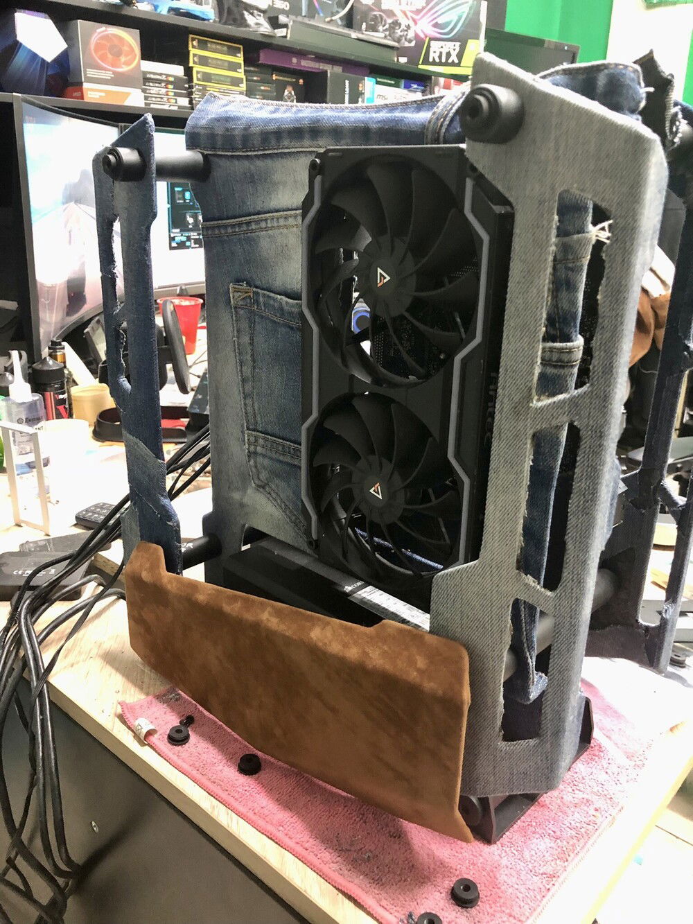 Another side of the build just before sewing the front-faced denim with the back suede cover of the panels to verify it is correctly cut to size.