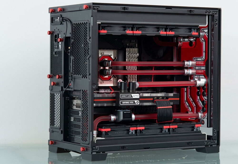 I carried the res/black/satin silver throughout the build. Case screws, fans, fittings and vinyl on the mobo/GPU block/case.
