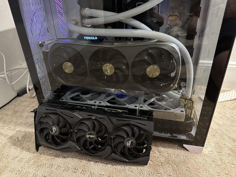 Strix RTX 2080 Ti placed in front for size comparison.