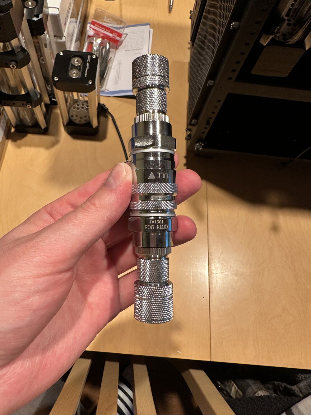 There’s no way I’m going to be able to fit these in the case, especially 4 of them. QD4T, 3/8 BSPP to 1/4 BSPP adapter, 1/4 Female to Female adapter, 3/8x5/8 fitting (all on each side).