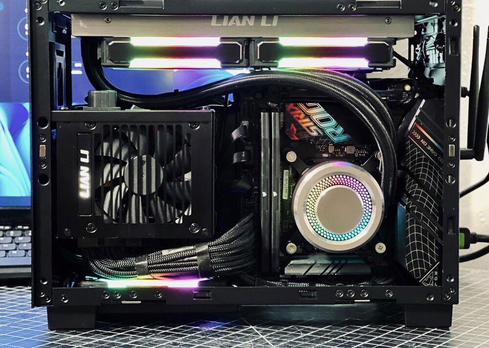 Strix B760-I, 13600K, DDR5-5600. RGB controller mounted behind the PSU with fan and RGB cables shortened/re-pinned.