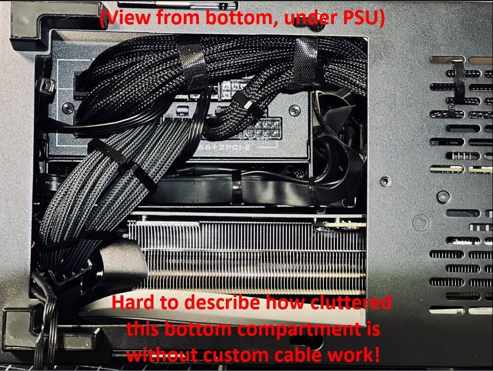 Bottom compartment. Was an absolute tangled mess at first. Made a 4" SATA power cable for the hot swap bay. Cut and  put a 6-pin connector directly on the SATA power cable for the RGB controller.