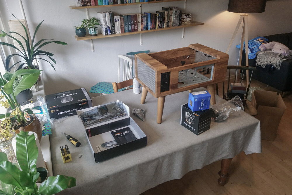 Installing the computer components. The delightful final step after assembling, sanding and waxing the oak wood case.