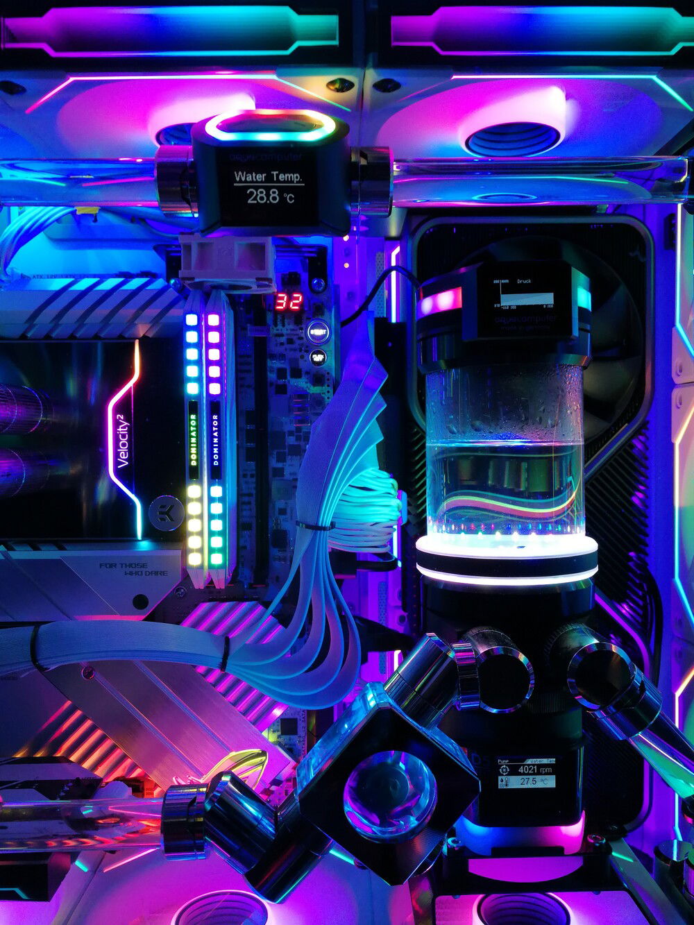 EK Velocity² with Corsair Dominator and Aqua Computer Parts with nice colours