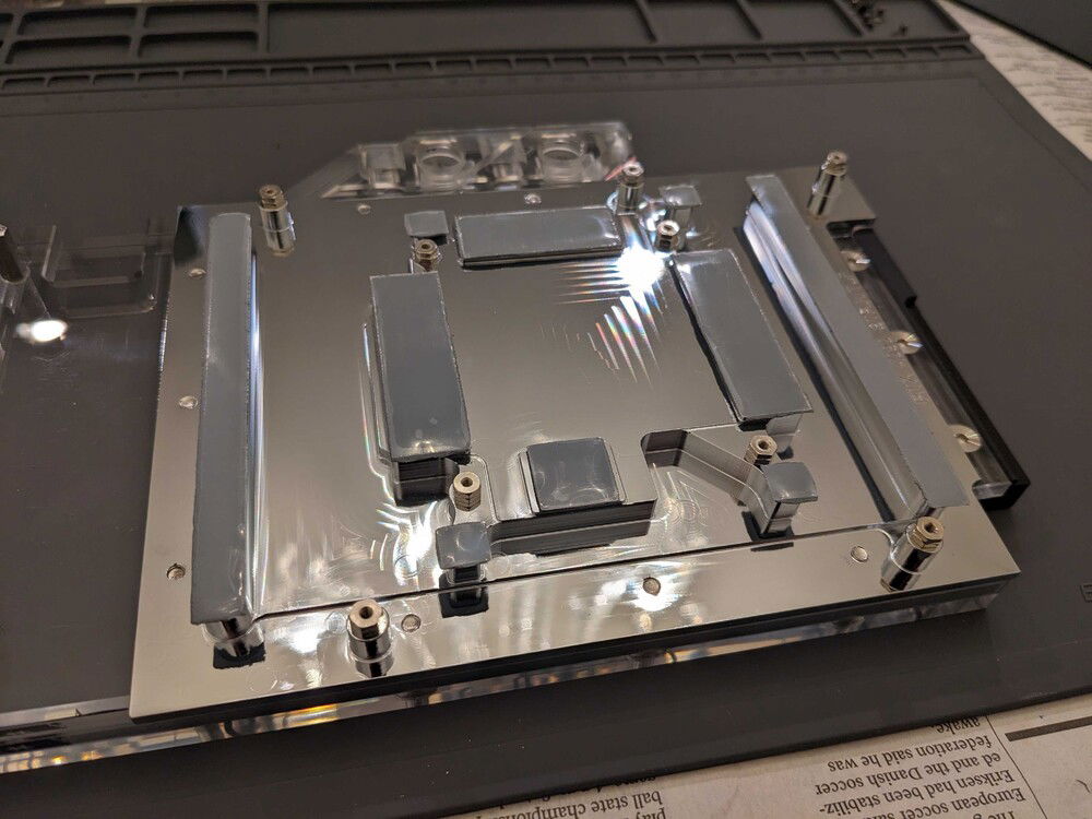 Thermal pads applied to GPU waterblock.  Used the NT-H2 again for the GPU.  I hear it has good longevity compared to something like Kryonaut and I did not want to deal with the downsides of liquid metal either.  I'm looking for a reliable daily-driver.  We'll see how it holds up.