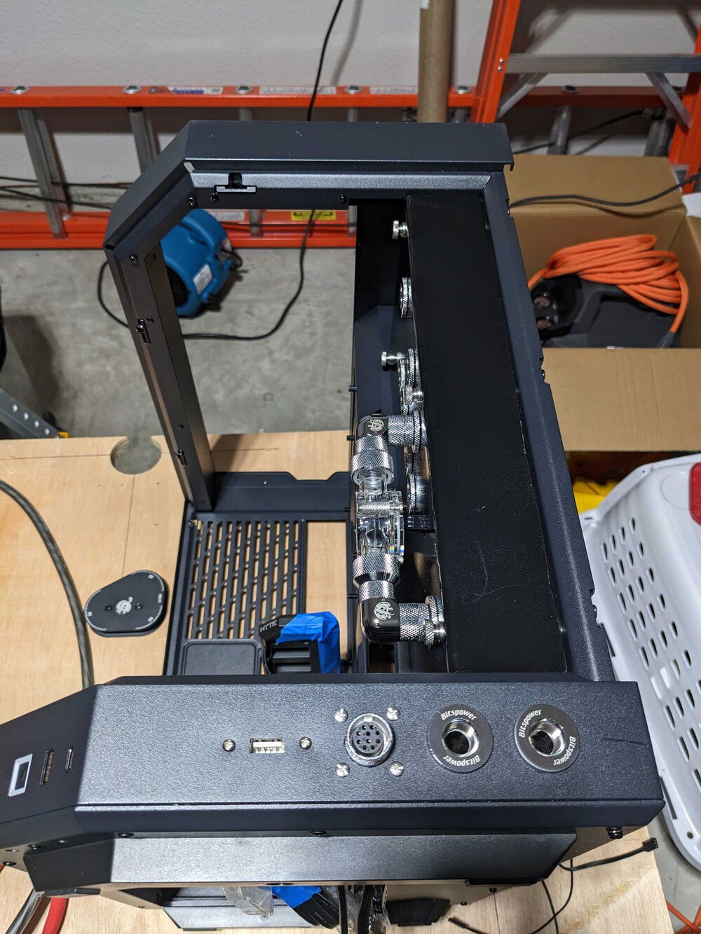 PC-side installed on case along with pass-through fittings and the panel-mount USB connector.