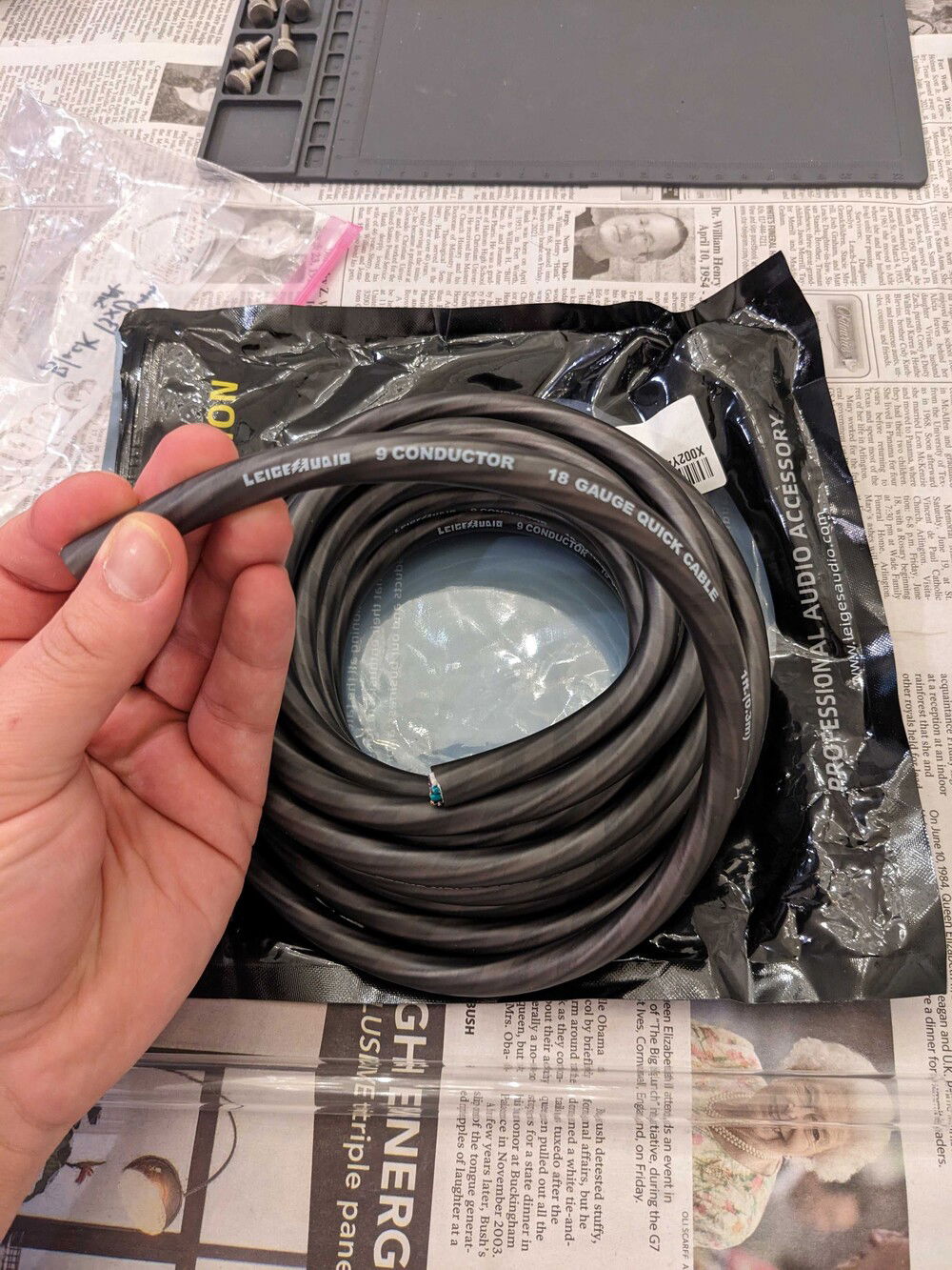 9-conductor cable for the umbilical.  I used 8 of them.  It carries 3 pair of PWM+Tach for the pumps and fans, as well as a shared 12V and GND pair.  At 4.58 Amps (per Ohm's Law for 55W @ 12V), this load should be safe for up to about 9.5 feet over 18 gauge wire.  We're going about 2 feet here.  Much thanks to /u/R3Z3N on reddit for assistance with understanding how to make these.
