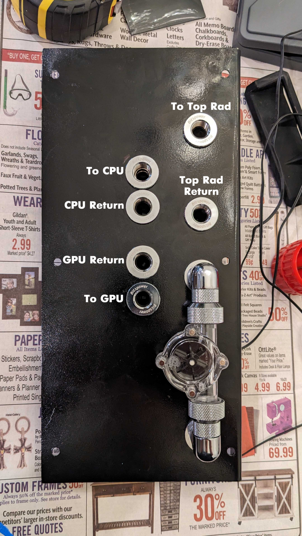 How the pipes need to route to respect the CPU/GPU blocks' in/out preference.  This Bitspower flow sensor is such a piece of shit, but the nice Aquacomputer NEXT sensors are not possible to buy right now.  I intend to swap it out when I can get one.