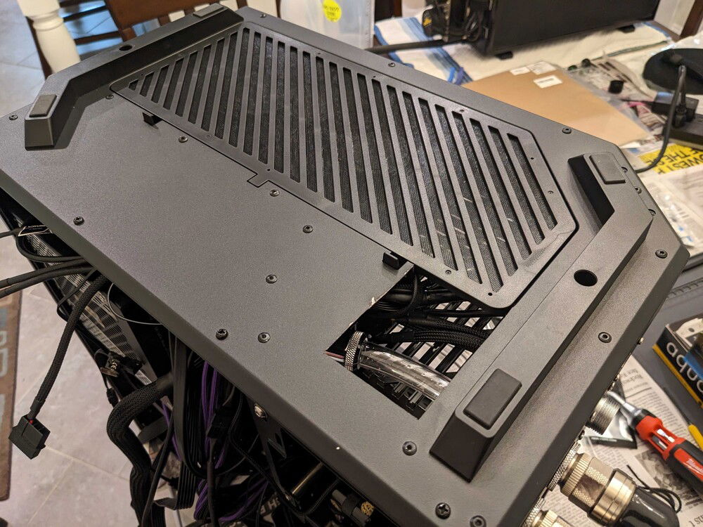 Had to cut an access hole in the case bottom to be able to install all the fittings and back-end cabling.