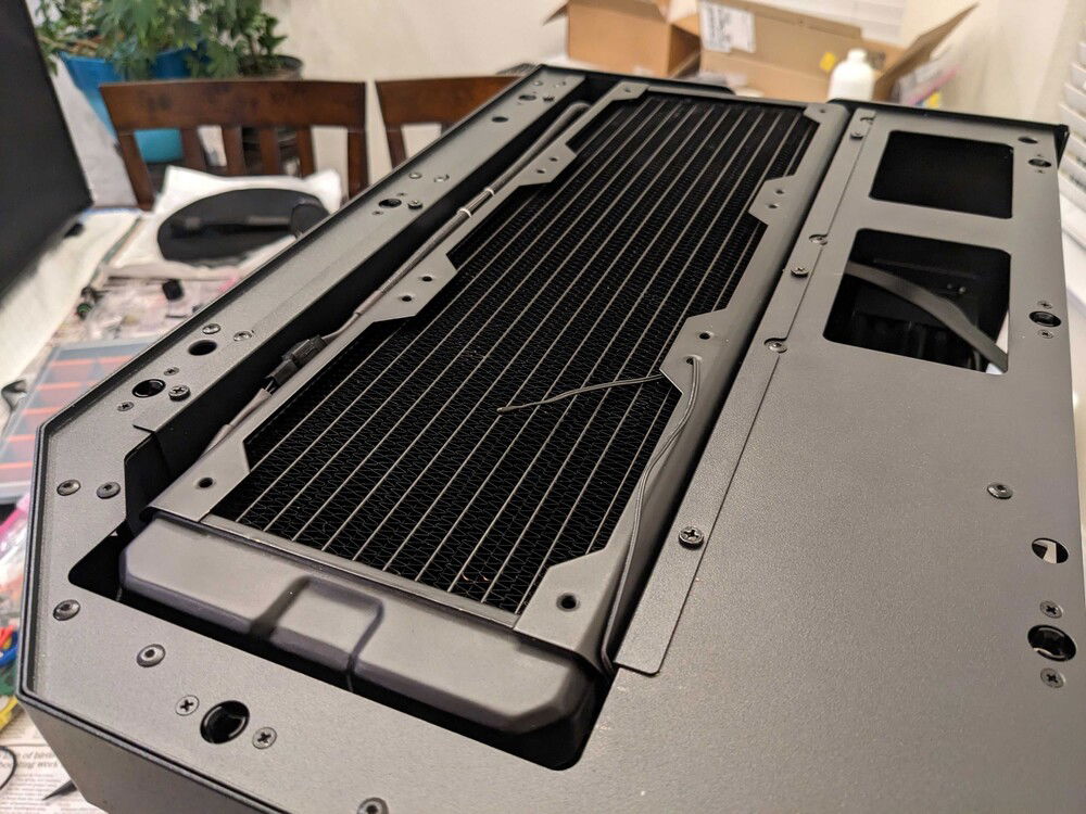 Thermal probe on the top radiator to check outbound air temps.  I also installed one in the bottom intake fans to measure ambient air temps, but I did not get a picture.