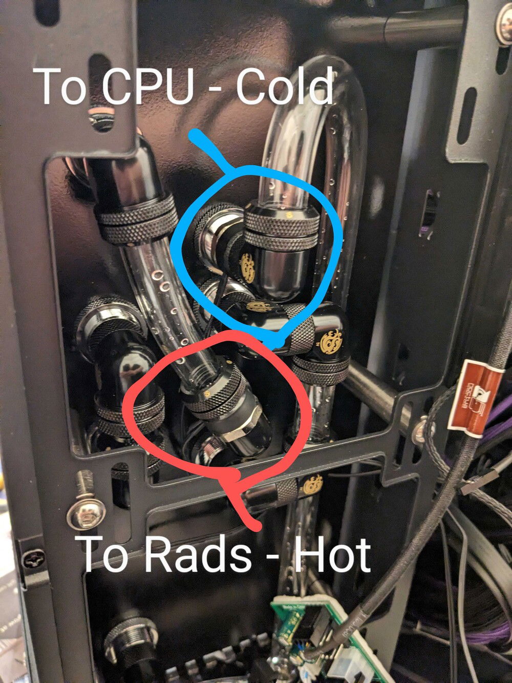 Here's where the temperature probes for the coolant were installed on the pipe-routing plate.