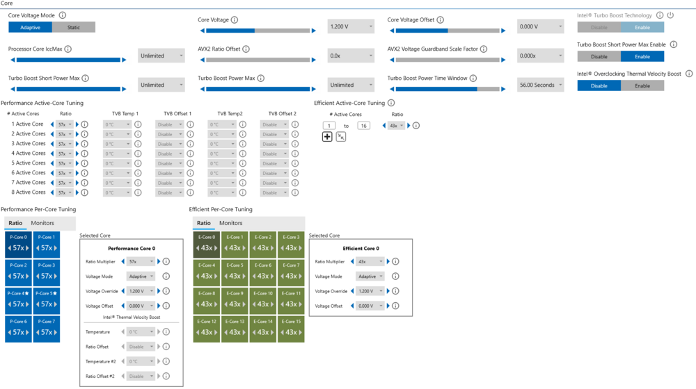 CPU overclock.  All P-cores 5.7 @ 1.2V.  Applied in BIOS, but shown here in XTU for the easy screenshot.  Stability tested in OCCT, Y-Cruncher, and Prime95.  The cooling can almost perfectly keep up with this OC.  I'll get the occasional core throttle in Small FFTs with P95 or OCCT, but it primarily stays right on the money.