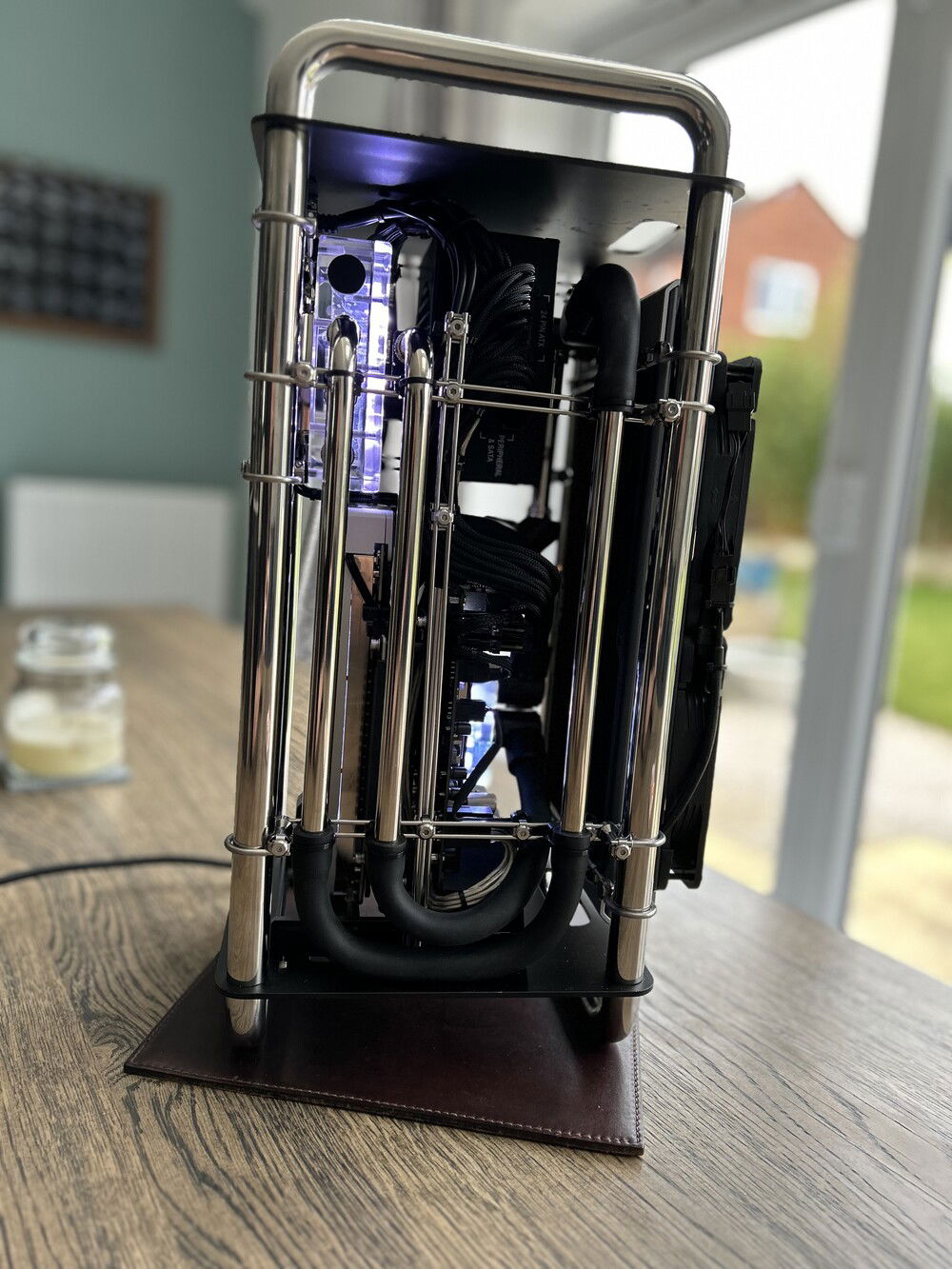 Final build side on.  I thought I was going to need custom fan cables, but actually it managed in perfectly. (One un-sleeved PSU cable was left intentionally, welll, intentionally after running out of sleeving)