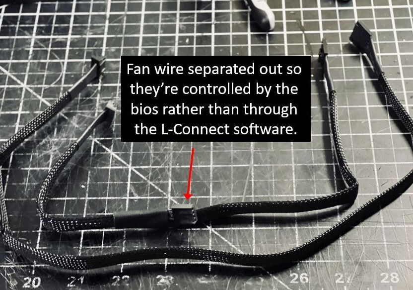 I wanted the GPU rad fans to be controlled by the GPU. The new SL120 fans make this hard; the fan and RGB wires are bundled together and only plug into the Lian Li controller. I separated the fan wires out so they can be driven by the GPU/motherboard headers.