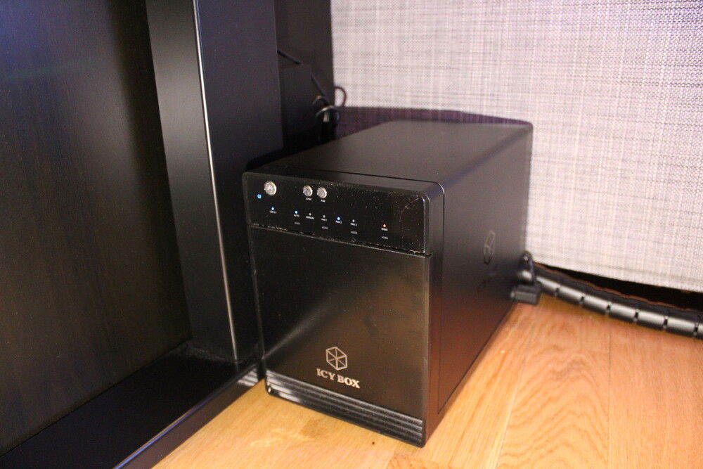 The 4-bay HDD cabinet holds a total of 33TB of storage connected with USB-C for optimal transfer speeds.