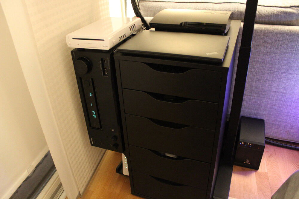 Work computer is connected to a USB-C dock and further into a USB Switch so mouse and keyboard can be swapped over with the push of a button.