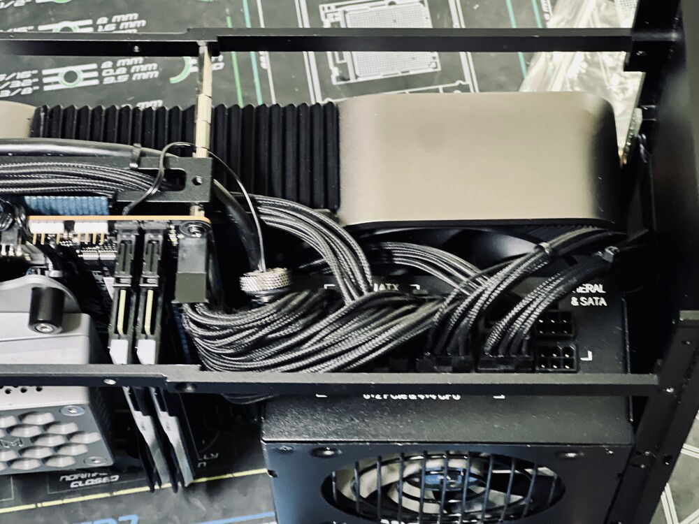 Stock Corsair PSU cables and their 12VHPWR adapter, all shortened to eliminate clutter. Note the temp plug.