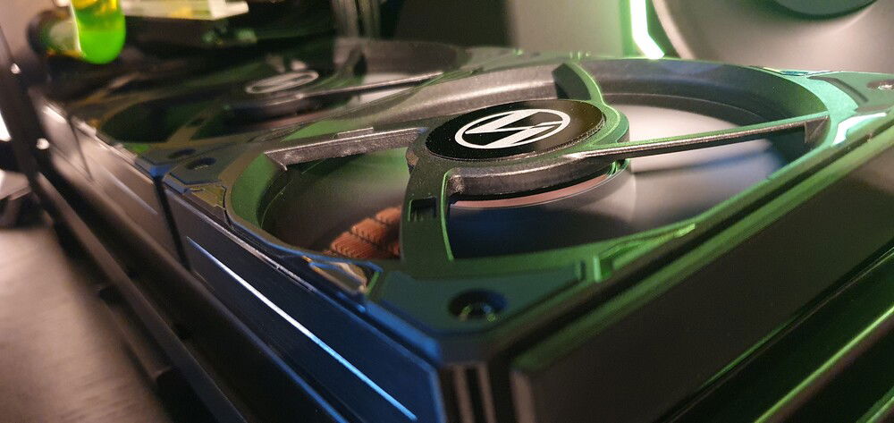 Six p28 fans. Little laser cut acrylic discs to replace the sad caps.